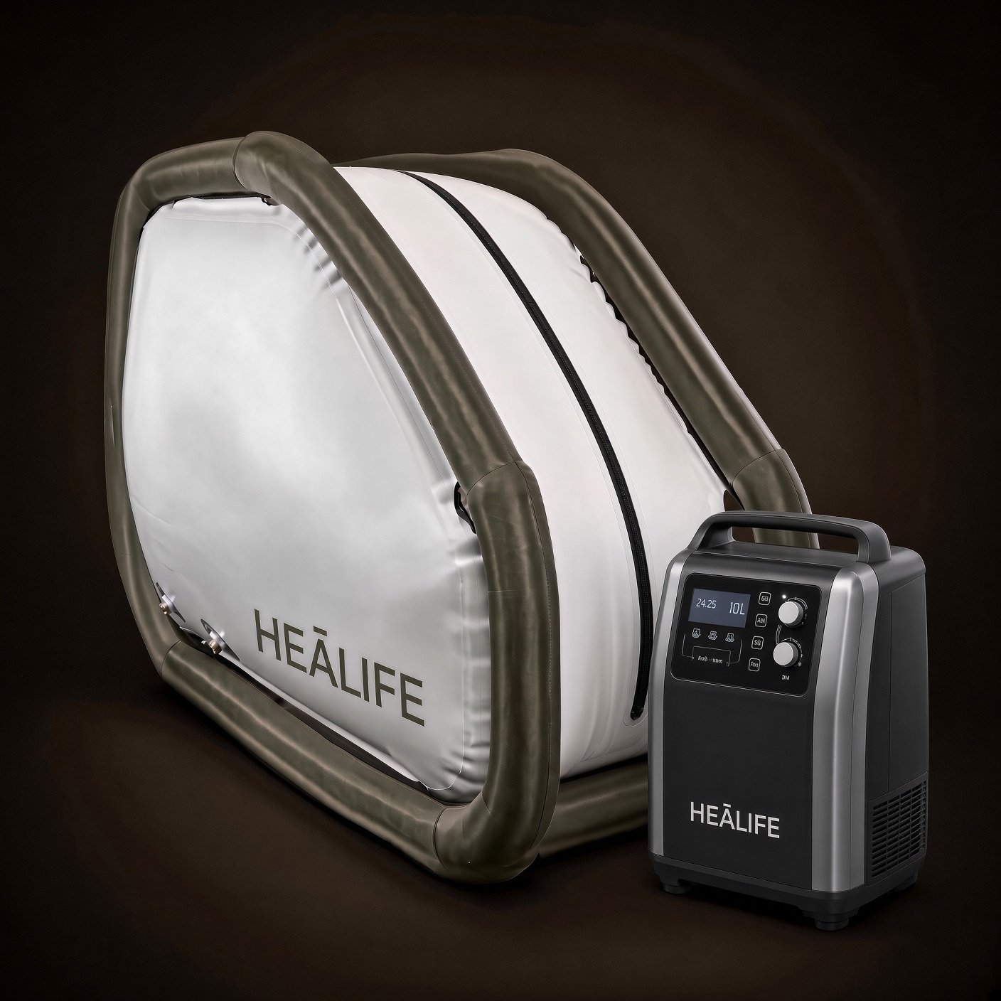 Healife hyperbaric chamber with its oxygen concentrator unit